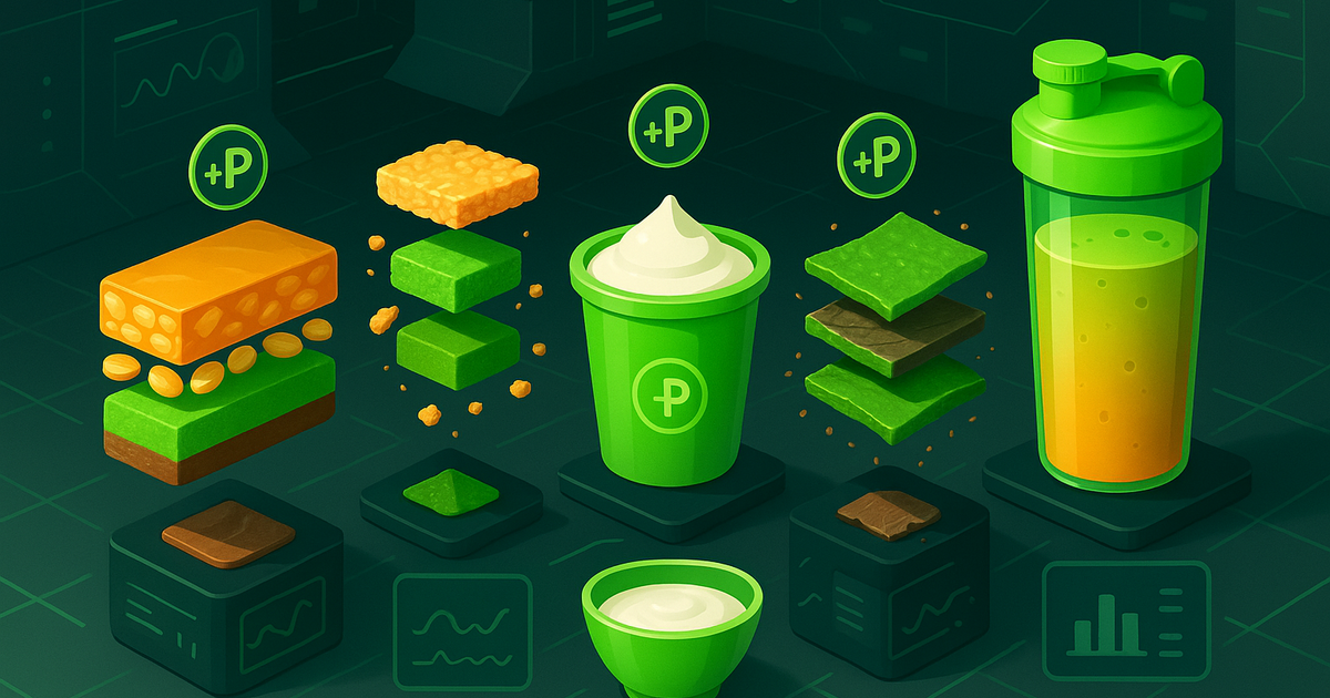 Assorted high-protein snacks with a subtle data overlay.