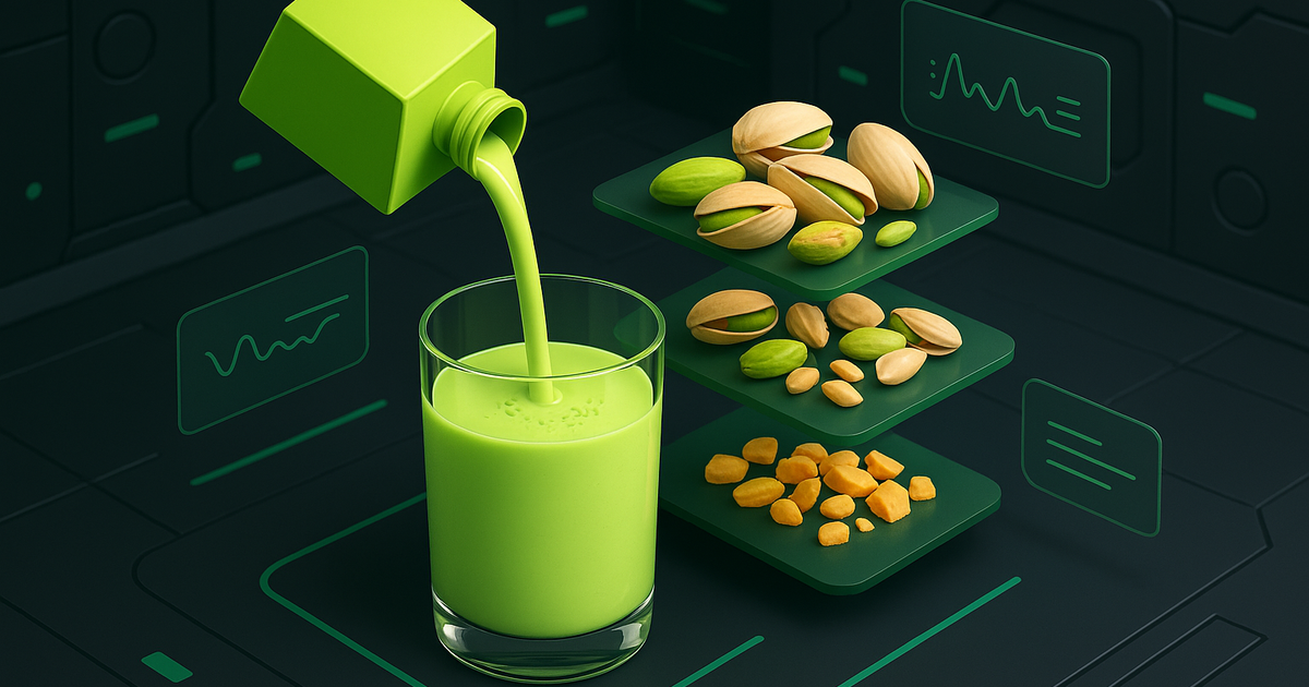 Glass of pistachio milk with a subtle data overlay.