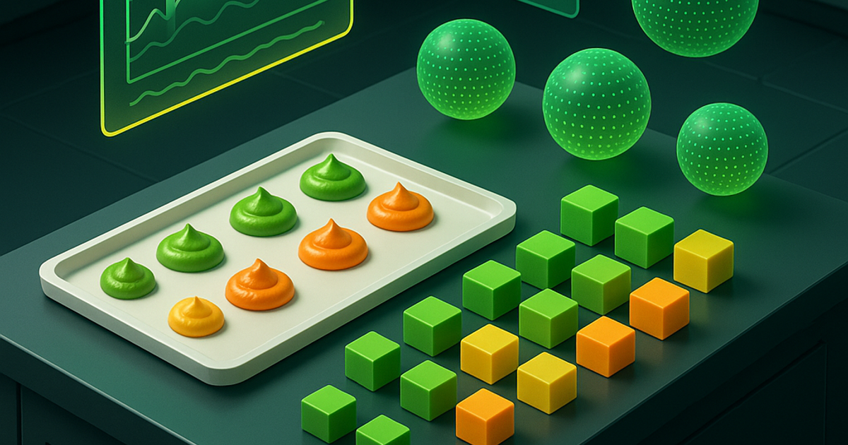 Isometric food-tech lab bench with tasting samples, ingredient cubes, and data spheres representing consumer segments.