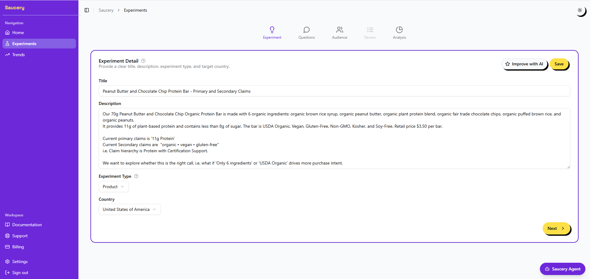 Saucery experiment setup screen showing the Peanut Butter and Chocolate Chip Protein Bar claims test configuration