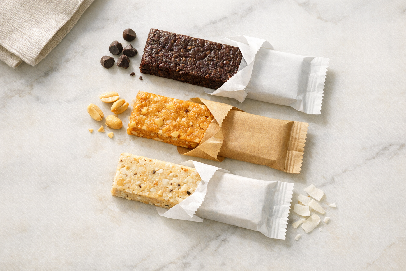 Three snack bars — chocolate, peanut butter, and coconut — partially unwrapped on marble, representing front-of-pack claims testing for high protein snacks