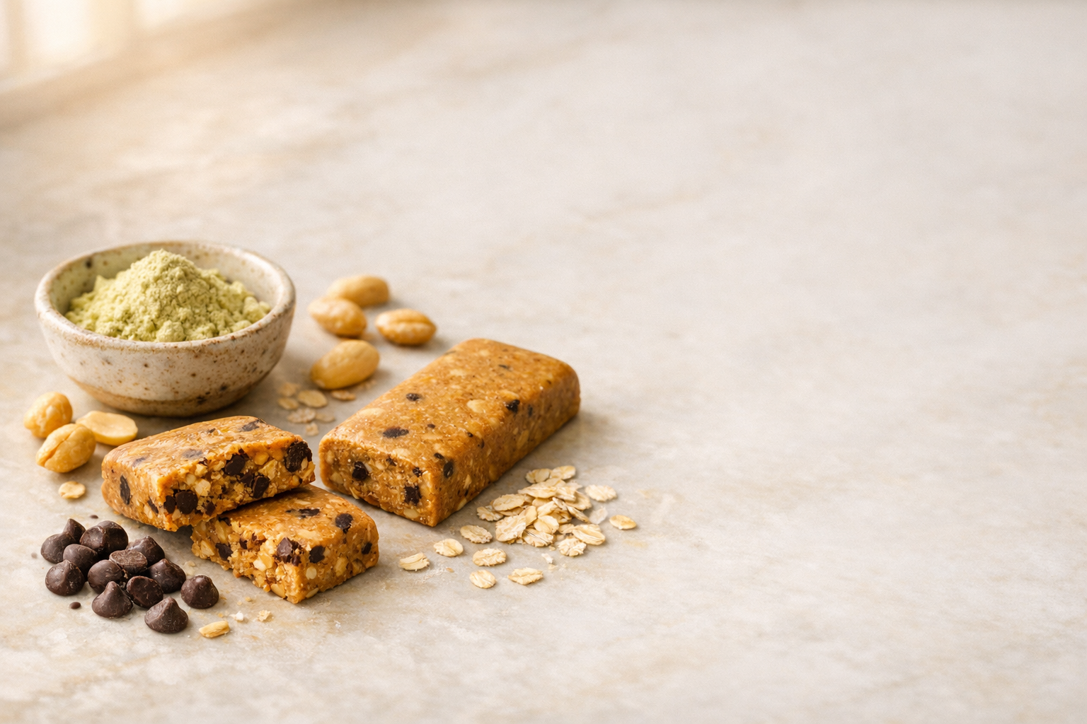 Plant-based protein bar with peanut butter, chocolate chips, and natural ingredients on marble surface