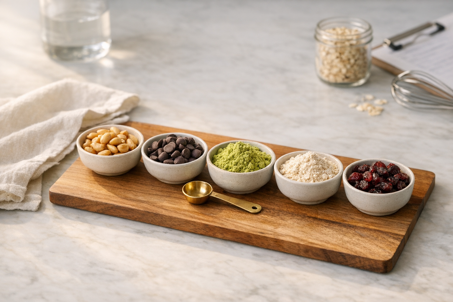 Row of ceramic bowls with raw ingredients on a wooden cutting board — peanuts, chocolate chips, pea protein, oat flour, cranberries — representing the stage gate NPD process