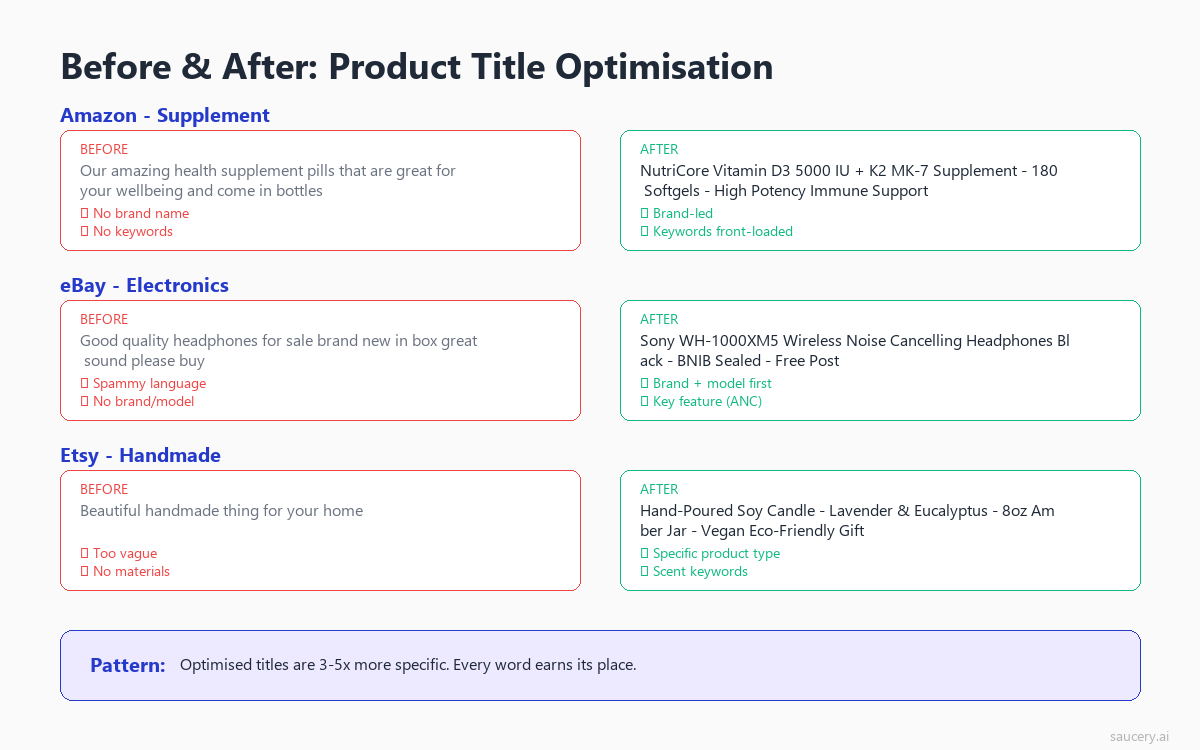 Before and after comparison of weak product titles versus optimised keyword-rich titles