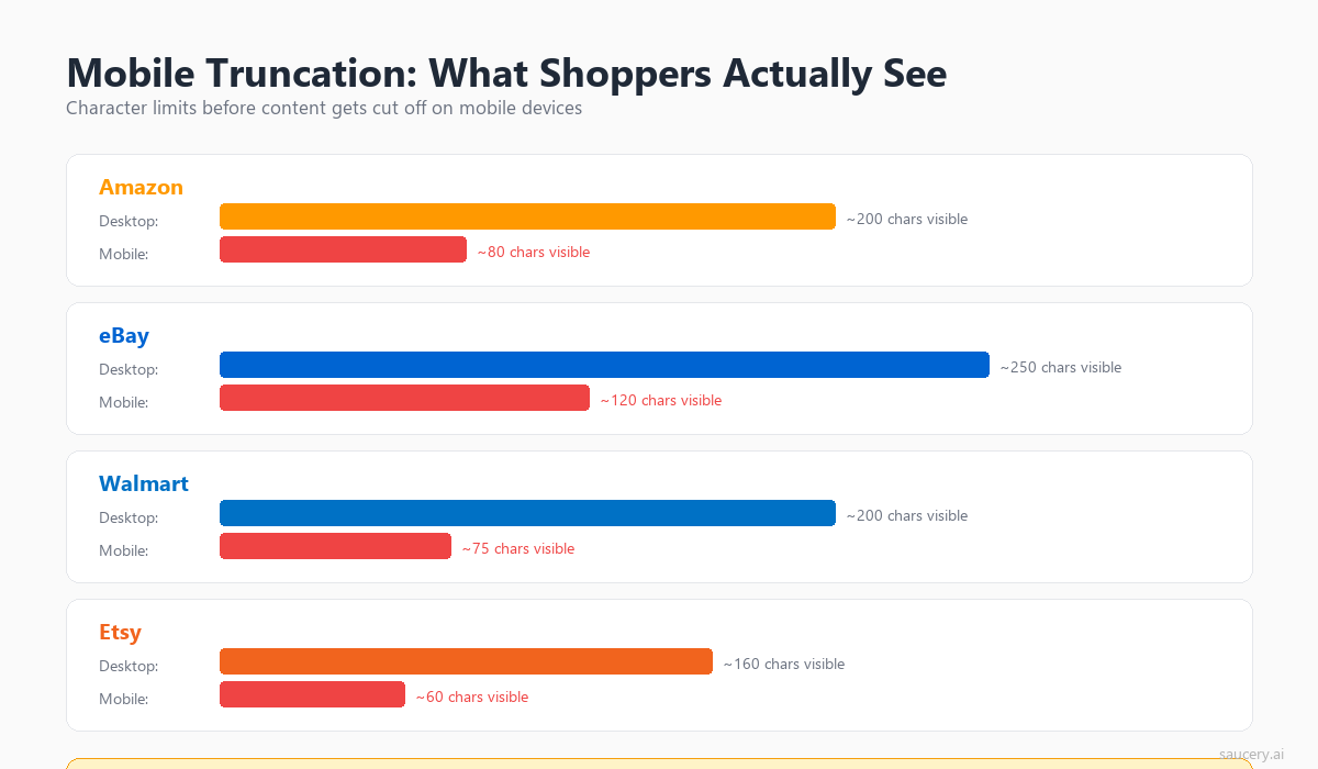 Platform comparison showing mobile character truncation limits for Amazon, eBay, Walmart, and Etsy