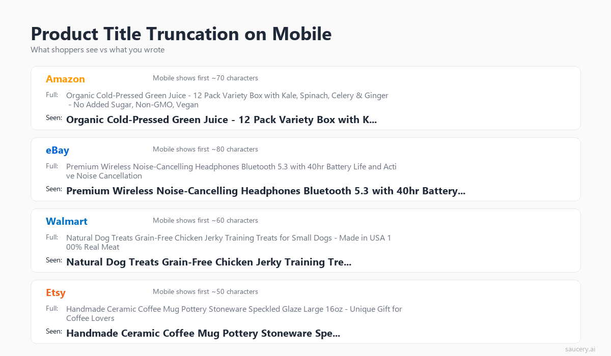 Examples of product title truncation on mobile devices across four marketplaces