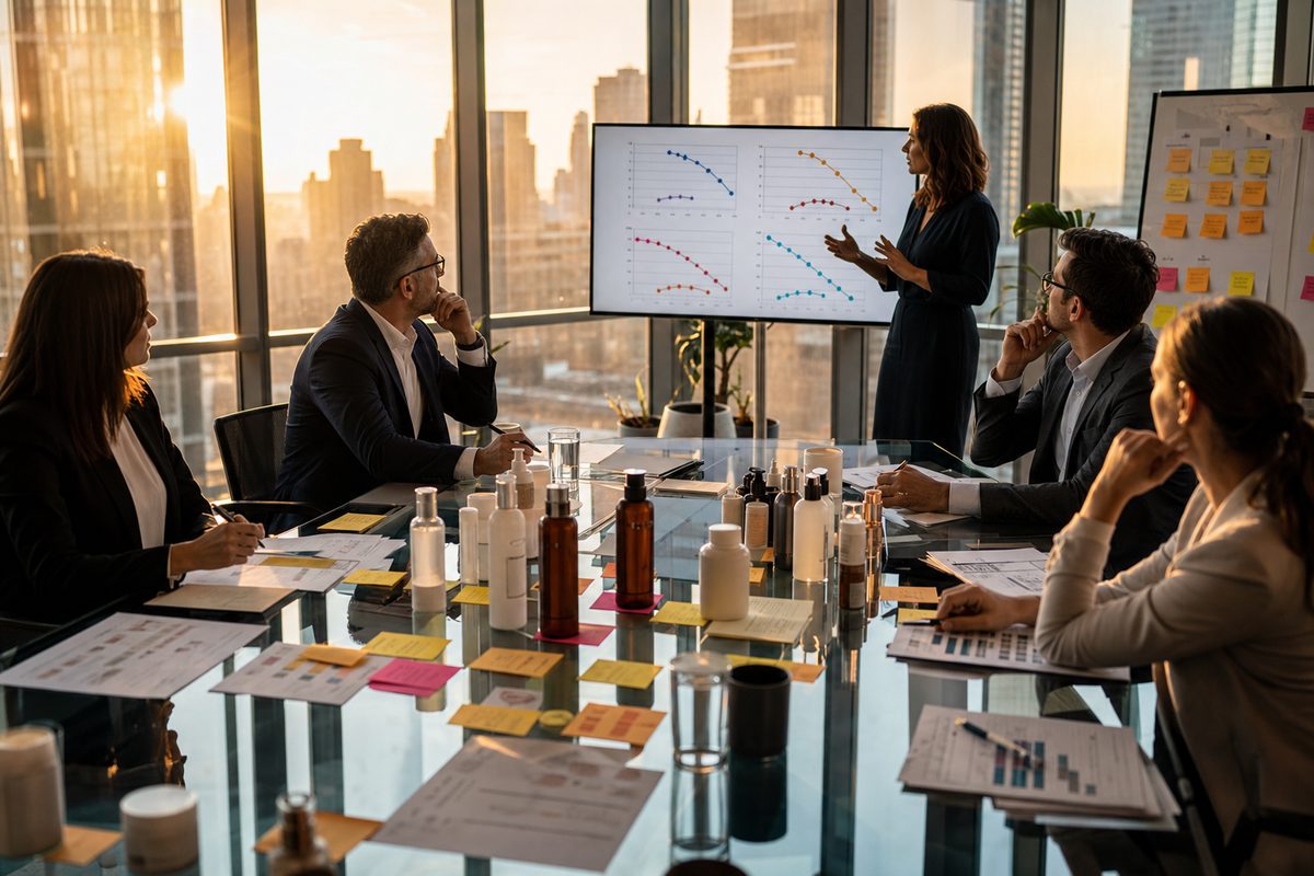 Pricing strategy war room with product samples, demand curves, and competitor analysis