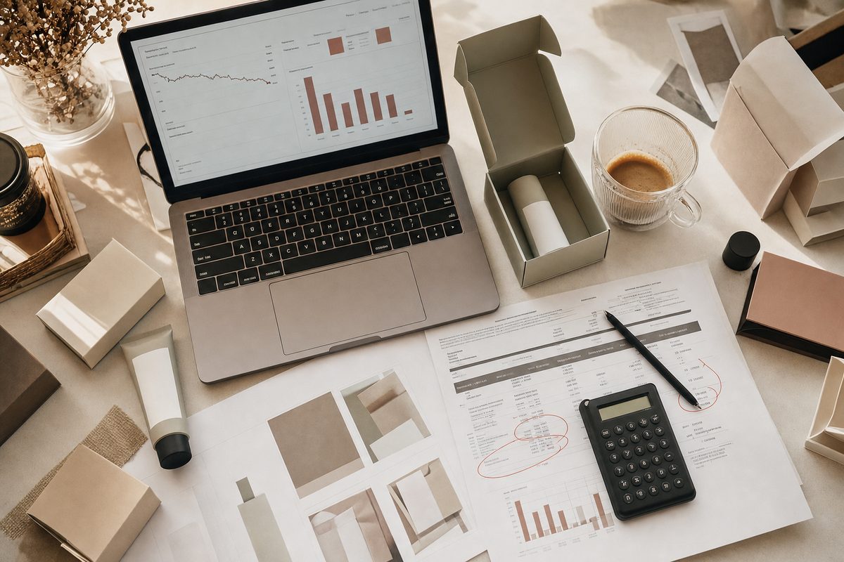 DTC founder workspace with laptop showing revenue decline and margin calculations