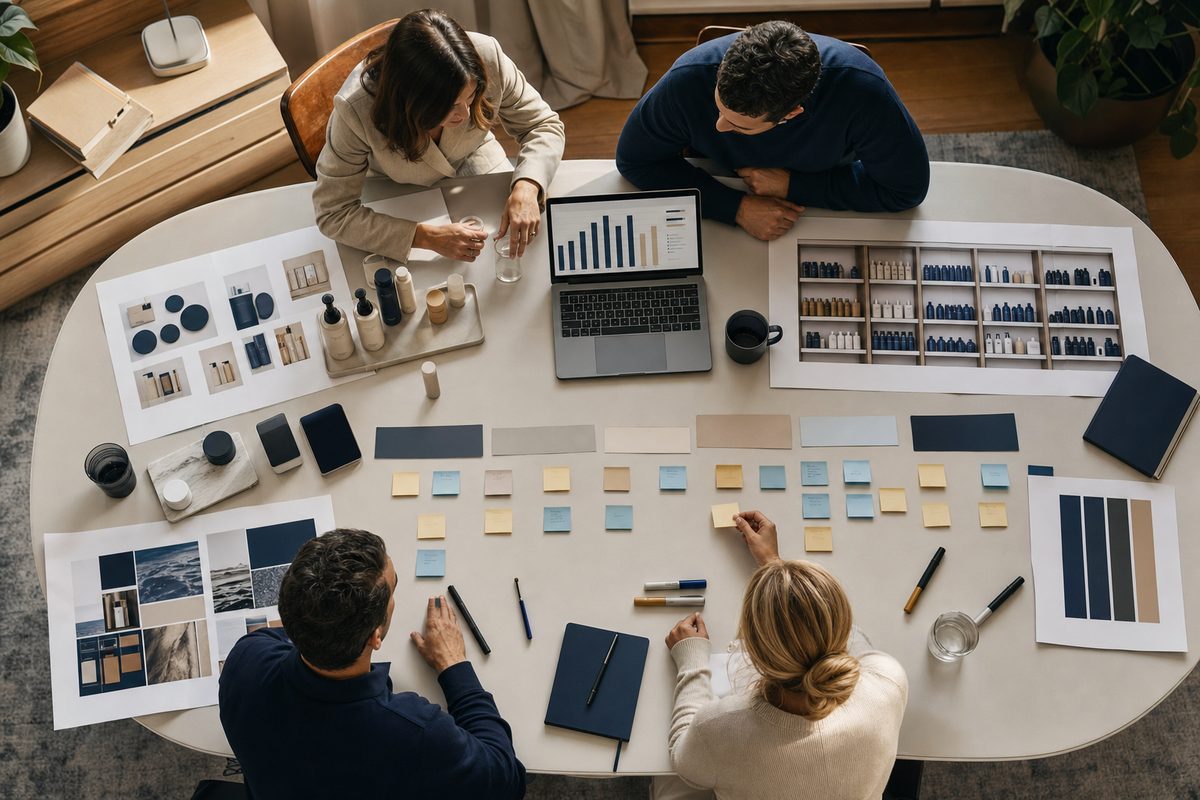 Product launch war room bird-eye view with samples, planograms, and timeline planning