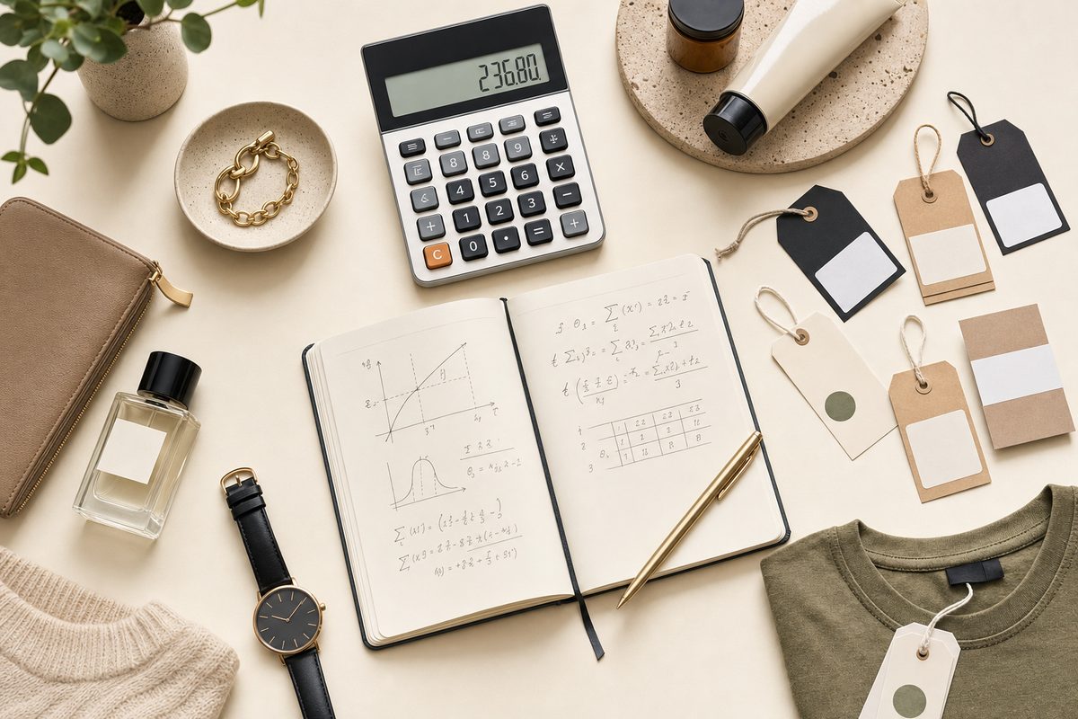 Pricing tools flat-lay with calculator, product tags, and markup formulas