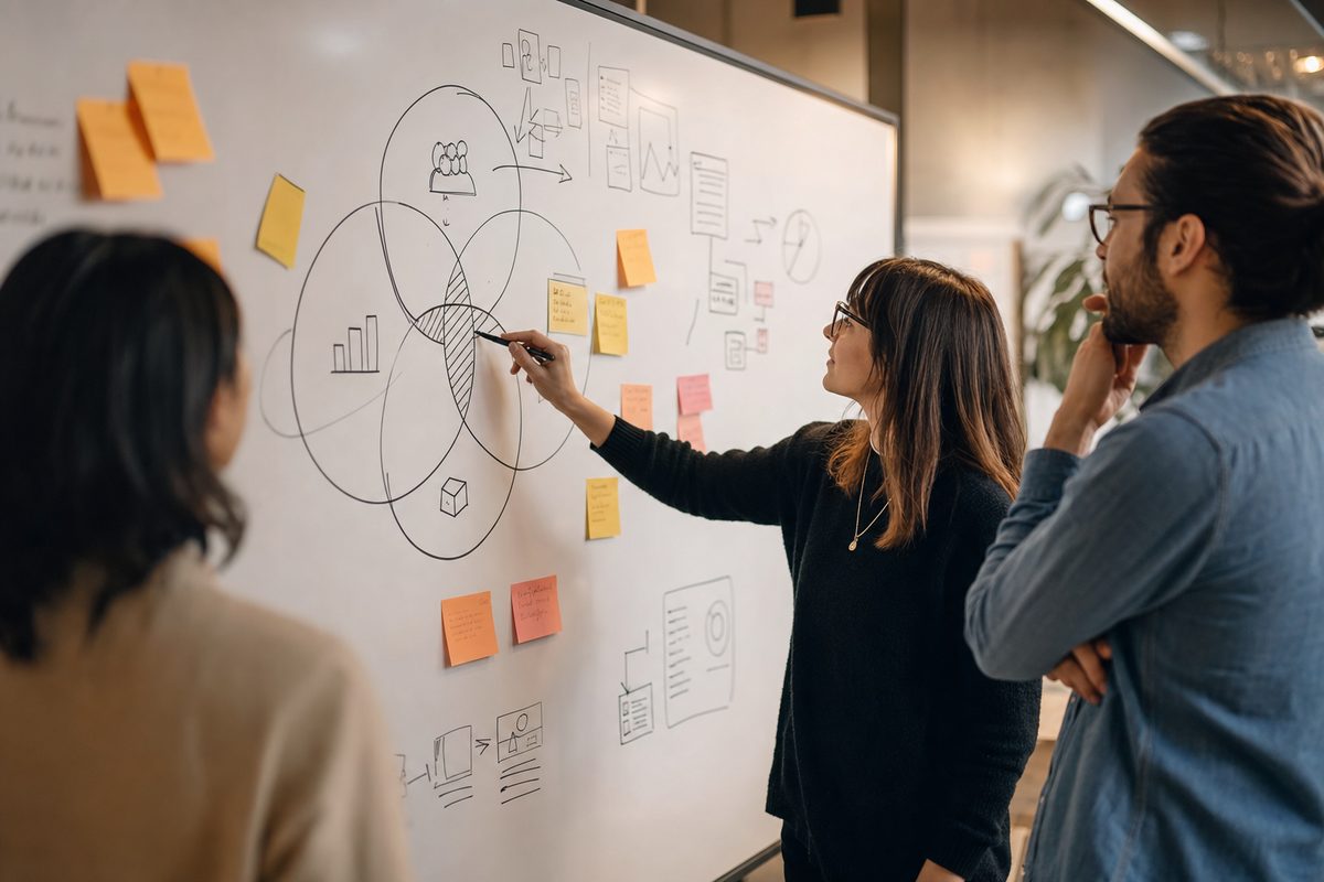Product team whiteboard session mapping product-market fit with Venn diagrams