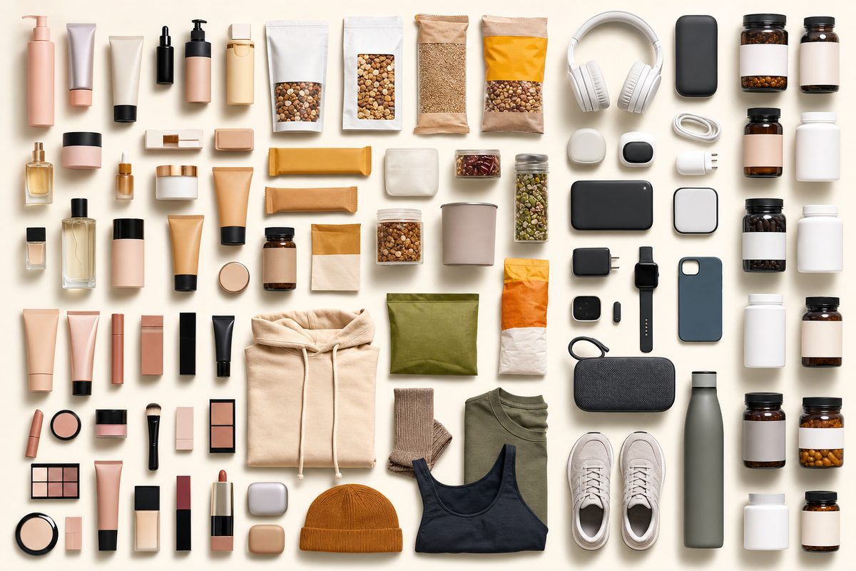 Diverse consumer products from different industries arranged showing profit margin benchmarks