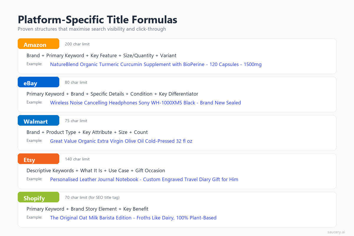 Platform-specific title formula templates with examples for Amazon, eBay, Walmart, Etsy, and Shopify