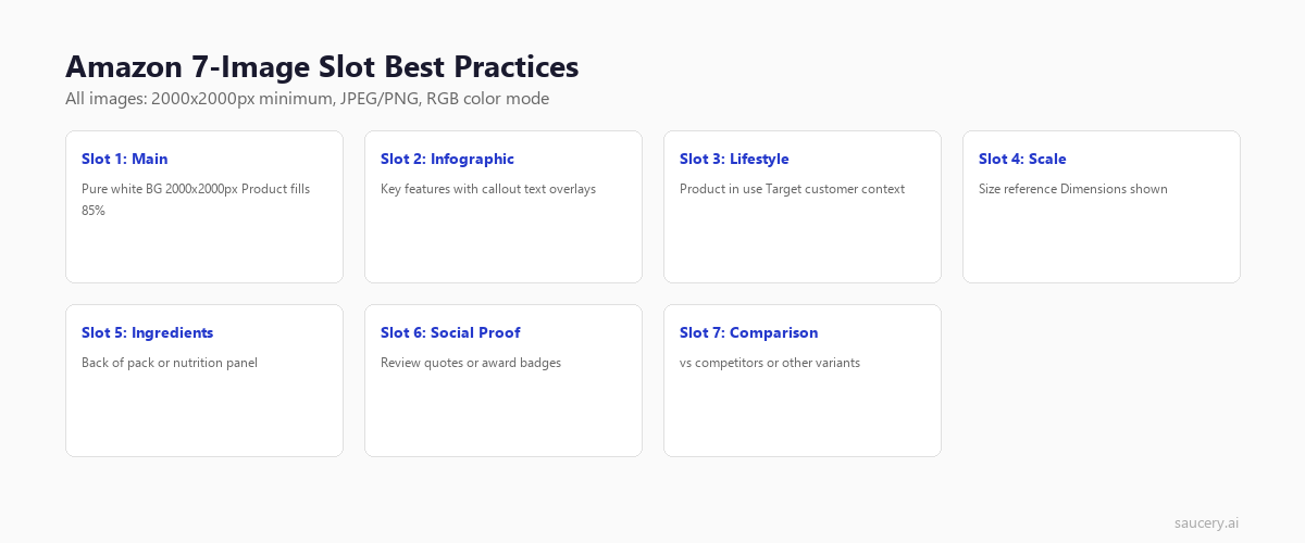 Amazon 7 image slot best practices - grid showing main image, infographic, lifestyle, scale, ingredients, social proof, and comparison slots
