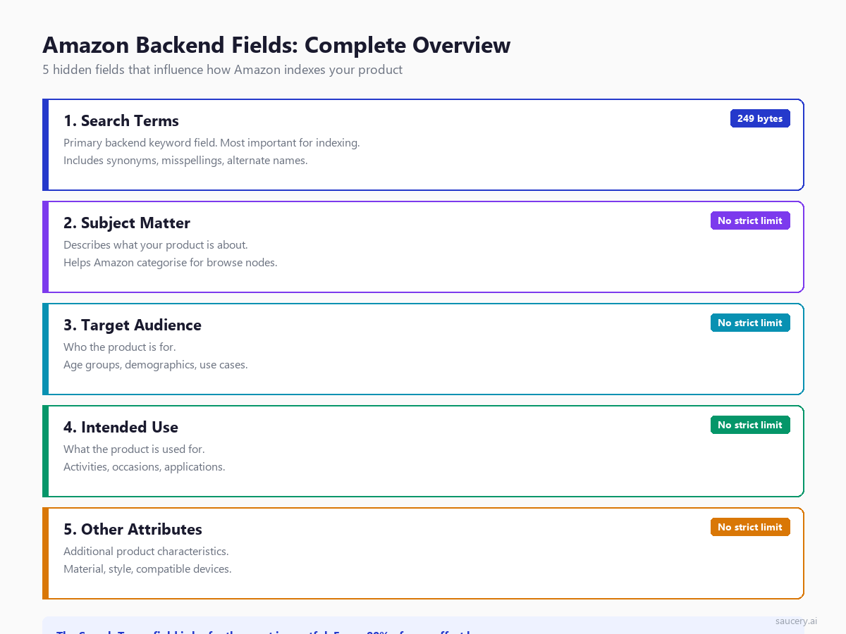Amazon backend fields overview showing all 5 hidden keyword fields
