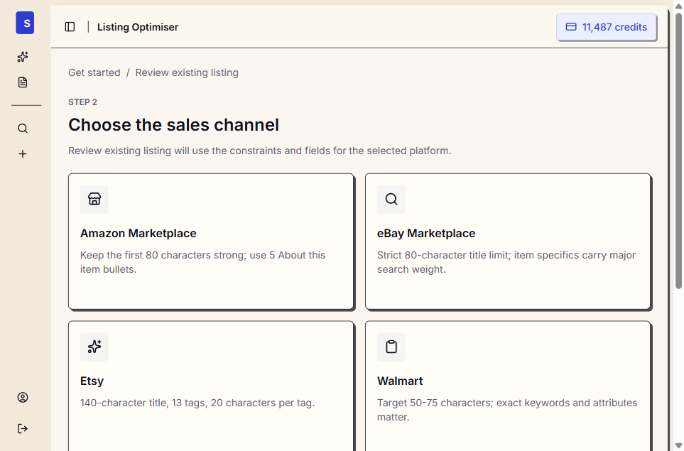 Saucery listing optimiser - choose your sales channel