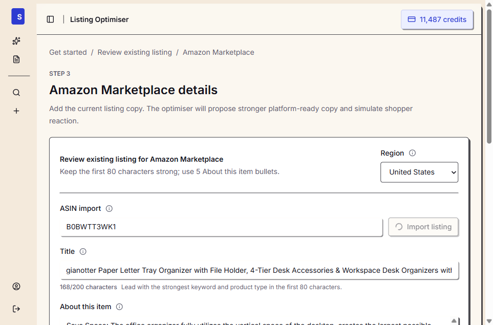 Saucery listing entry form with title and ASIN import
