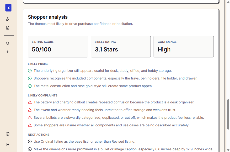 Shopper analysis showing praise and complaints