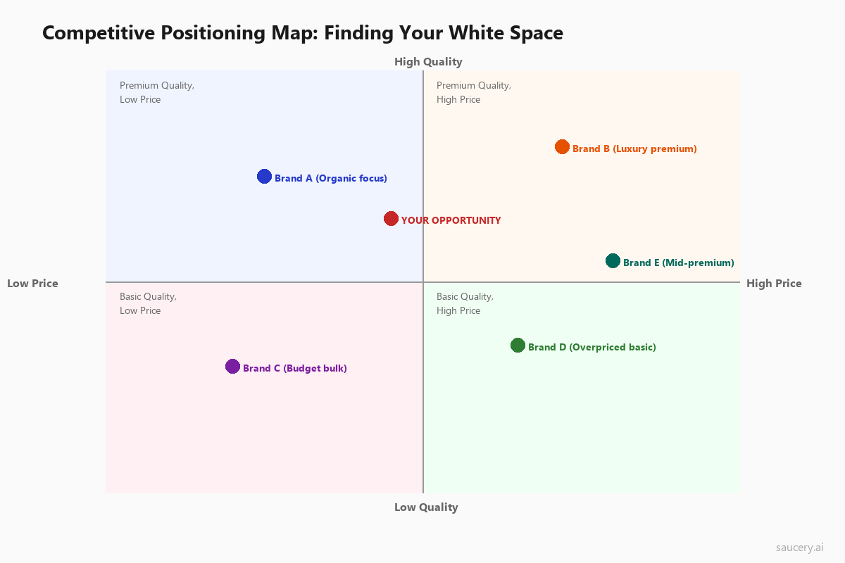 Competitive positioning map showing price vs quality axes with brand positions and opportunity space