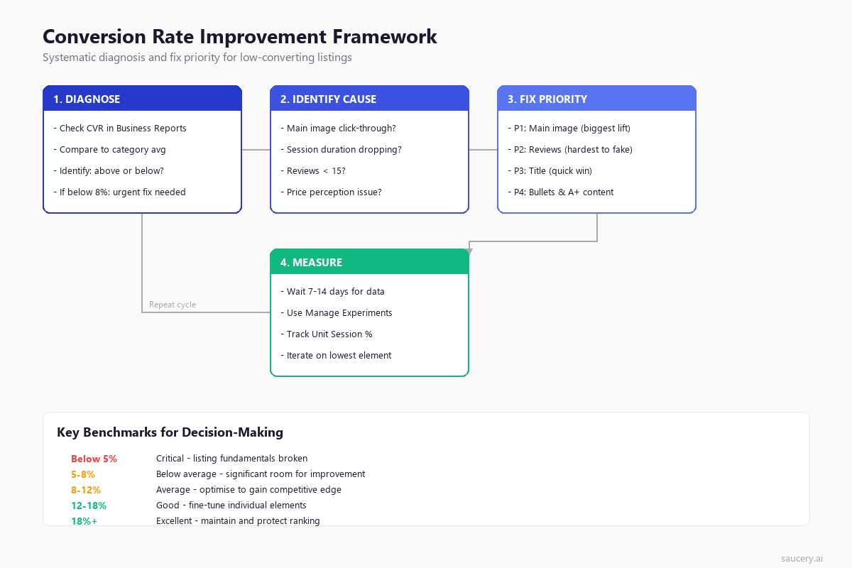 Conversion rate improvement framework - systematic 4-step process to diagnose and fix low-converting Amazon listings