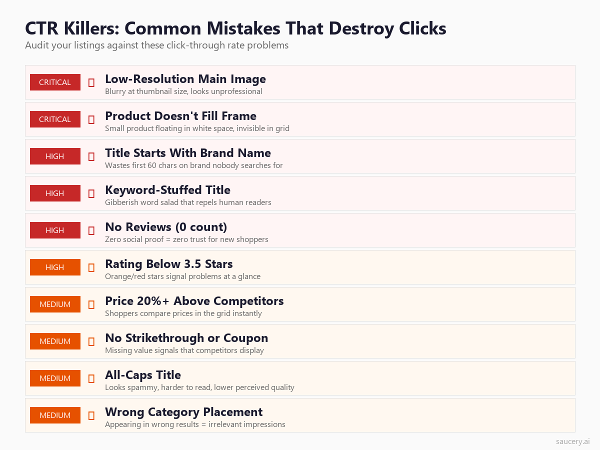 Visual checklist of 10 common mistakes that destroy Amazon click-through rates with severity ratings