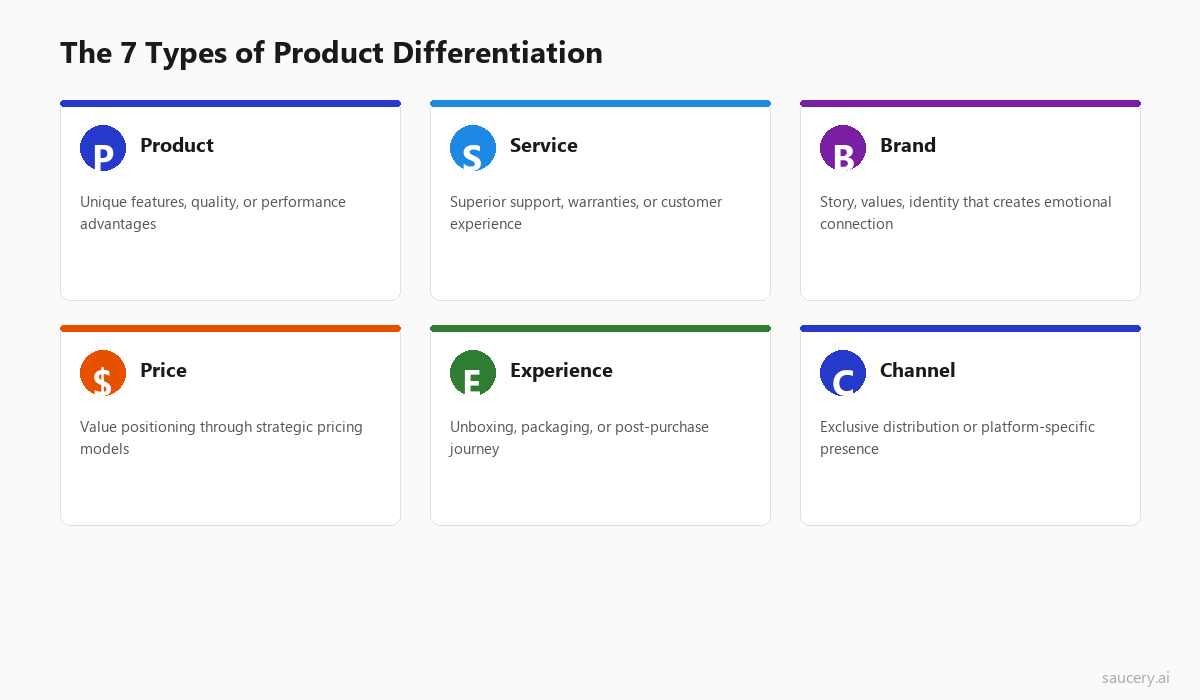 Grid showing 7 types of product differentiation: product, service, brand, price, experience, and channel