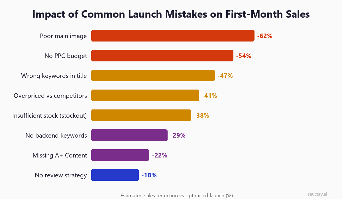 Bar chart showing impact of common Amazon launch mistakes on first-month sales