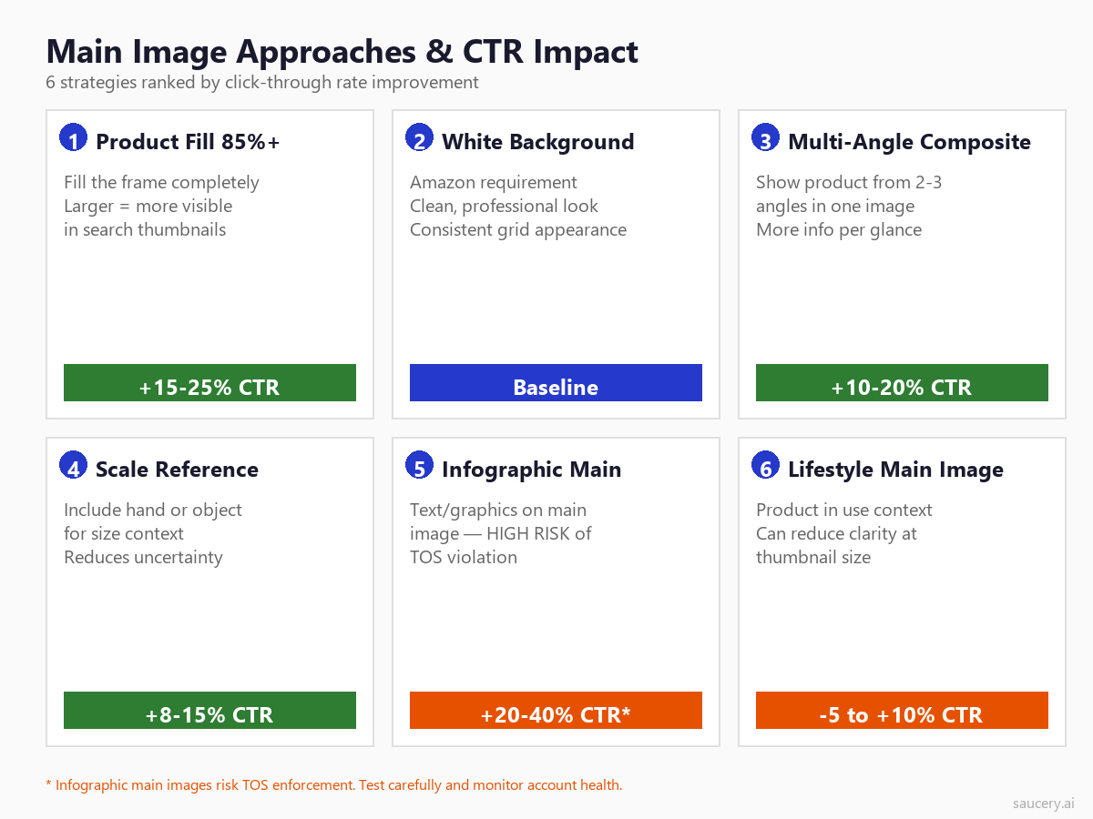 Grid showing 6 main image approaches ranked by click-through rate improvement