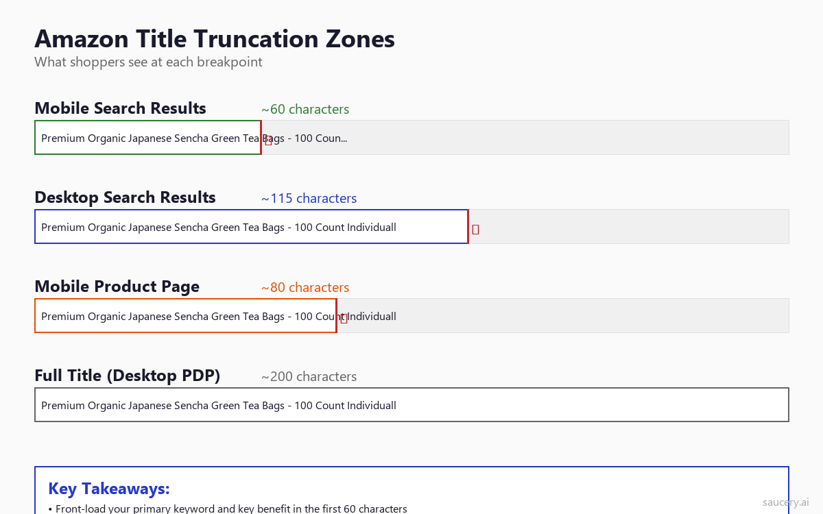 Diagram showing what portion of Amazon product titles are visible on mobile, desktop search, and product pages