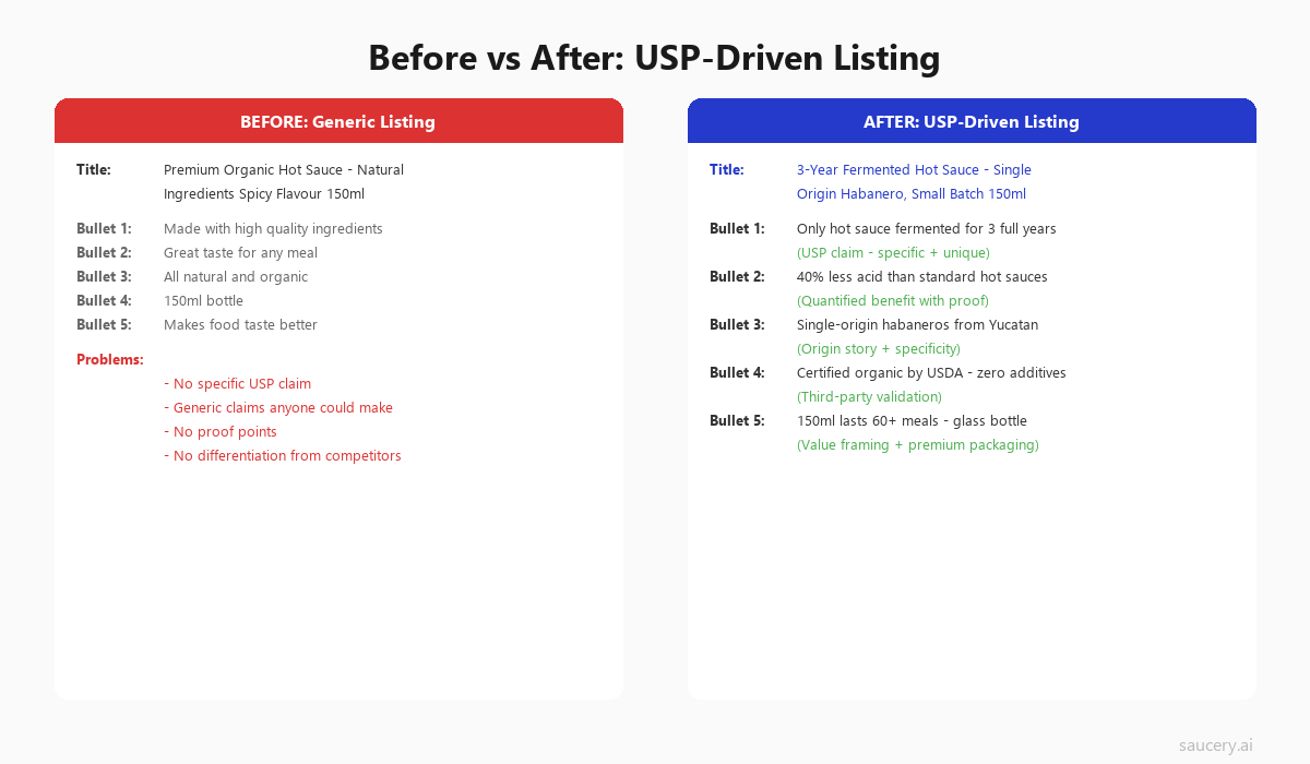 Before and after comparison of a generic listing versus USP-driven listing