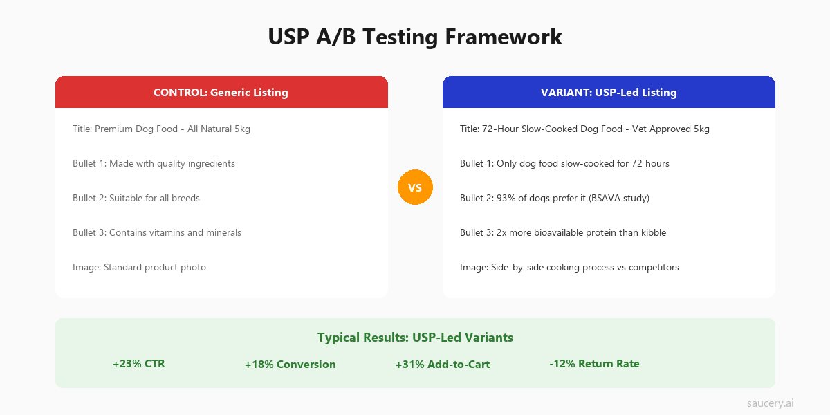A/B testing framework comparing control versus USP-led listing variant
